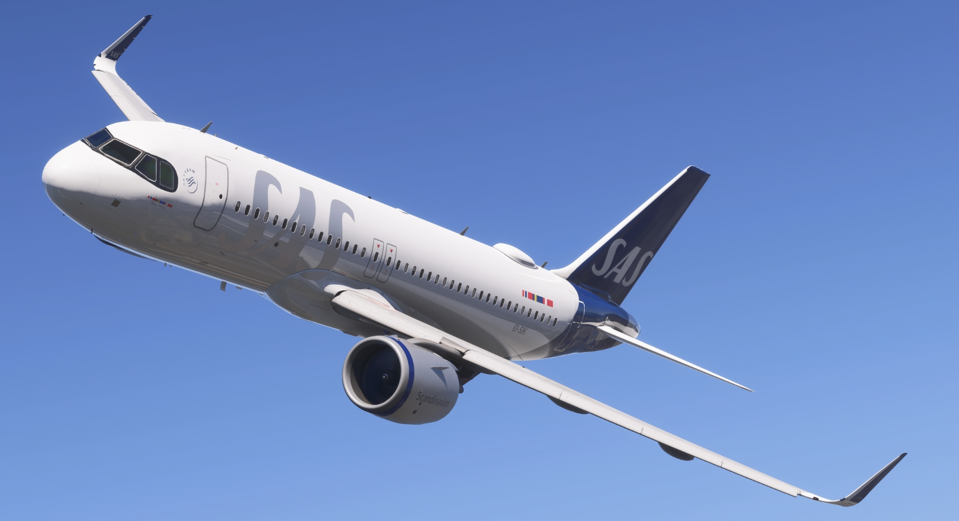 SAS Airbus A320neo banking against a clear blue sky