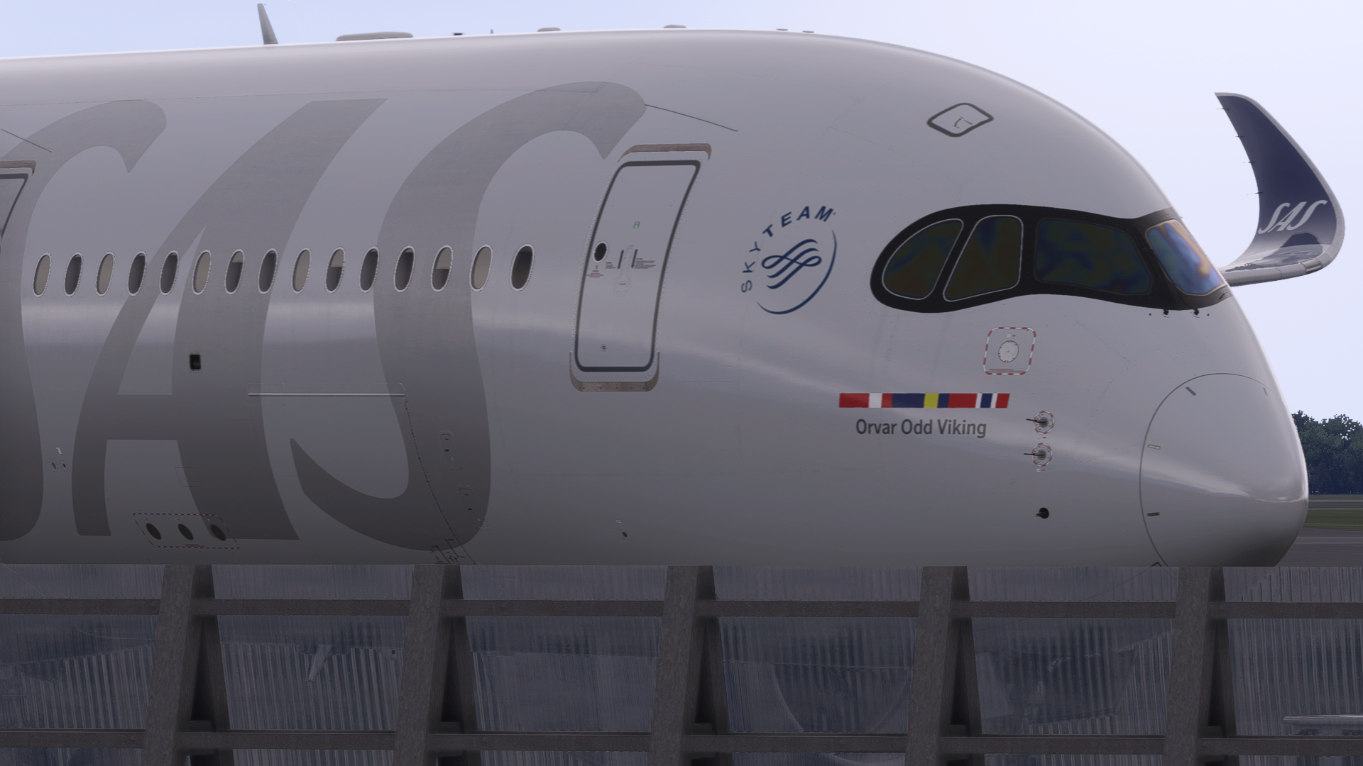 Close-up of a SAS Airbus A350 nose and cockpit windows